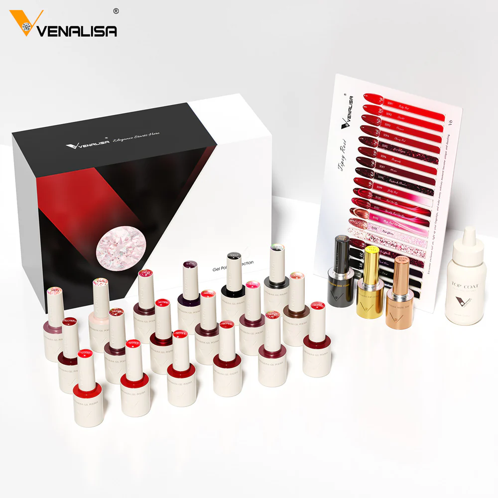 Venalisa V6 Ruby Kiss szett tartalma: 18 szín, base coat, top coat, matt top coat és 60 ml utántöltő