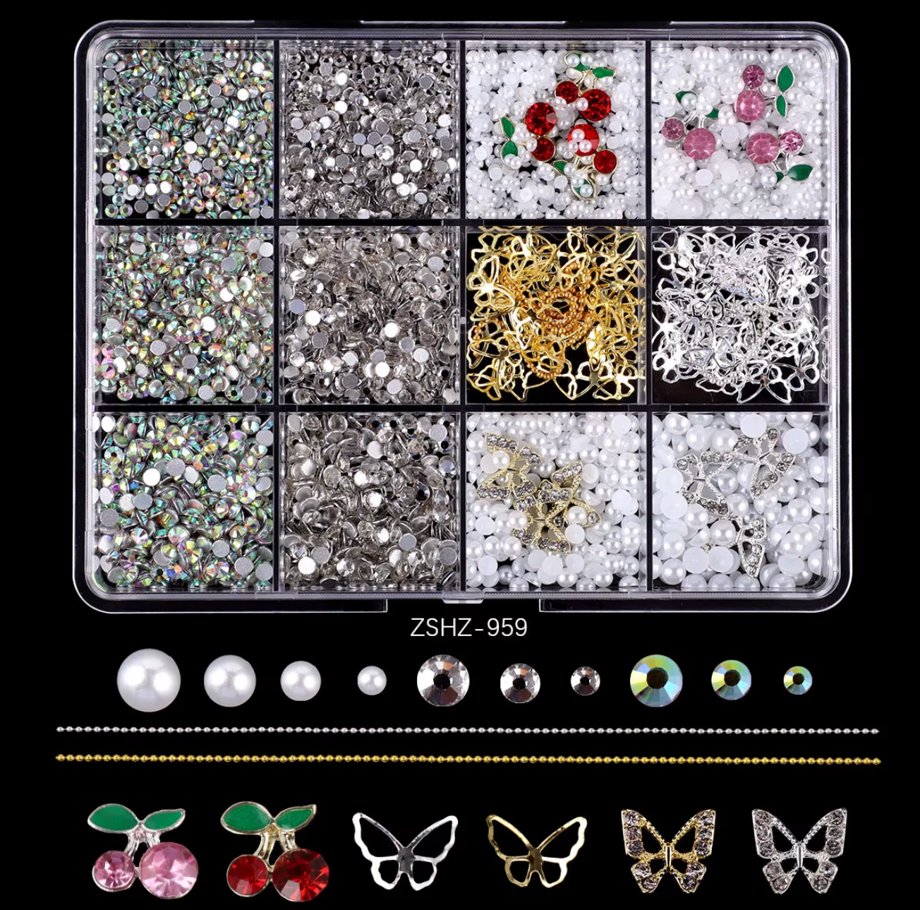 Körömdíszítő mix boxban - strasszkövekkel, gyöngyökkel